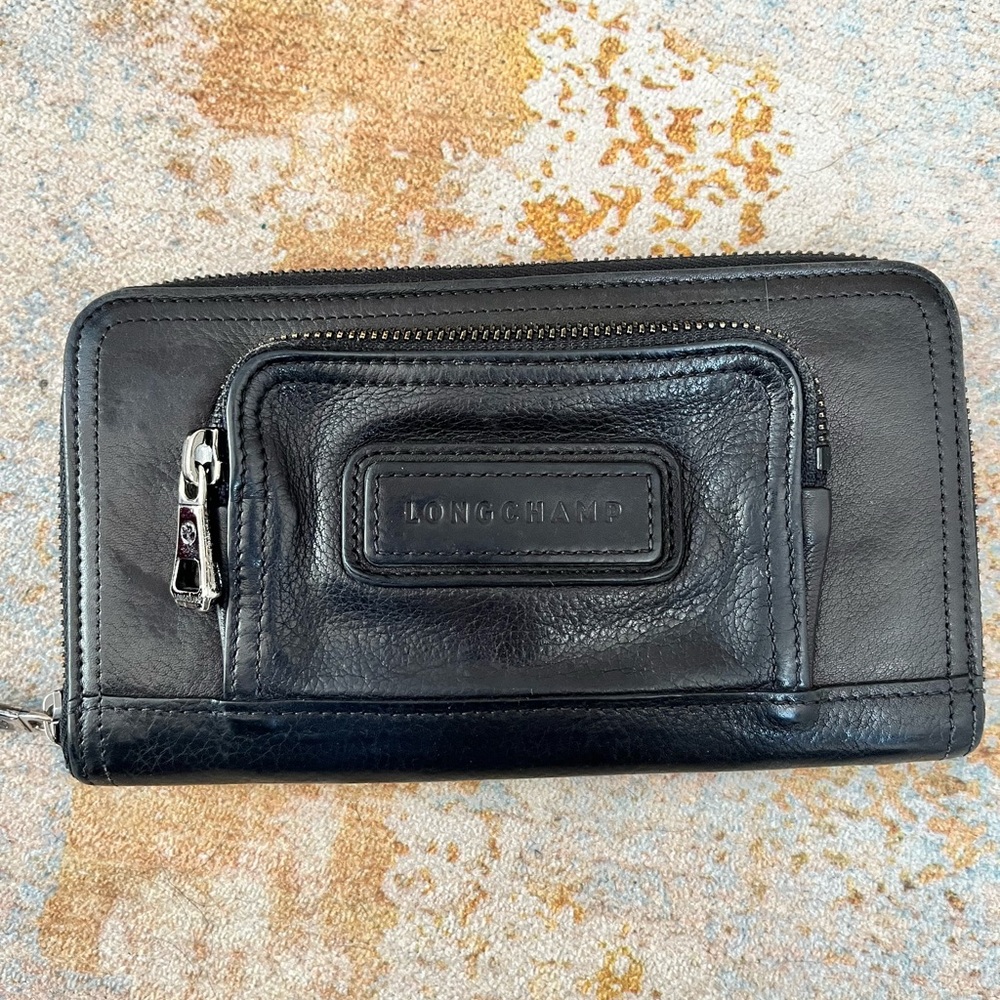 Long Black Leather Zip Around Longchamp Wallet